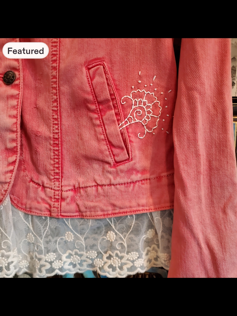 Coral Pink Hand Embroidered Henna Design with Lacey Trim Jean Jacket S/M